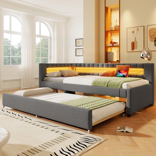 BENMWS Schlafsofa,90 * 200cm,Daybett,Tagesbett,Bett mit LED-Fernbedienungslichtleiste am Bettende,Bett mit Ausziehbett ohne Matratze,USB+Type-C,Leinen,Grau BENMWS Schlafsofa,90 * 200cm,Daybett,Tagesbett,Bett mit LED-Fernbedienungslichtleiste am Bettende,Bett mit Ausziehbett ohne Matratze,USB+Type-C,Leinen,Grau von BENMWS
