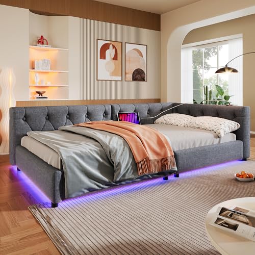 BENMWS Schlafsofa 90x200cm Daybett Tagesbett mit Lattenrost (ohne Matratze) Ambientebeleuchtung mit Fernbedienung Kopfteil mit Knopftuft USB+Typ-c Leinen Grau von BENMWS