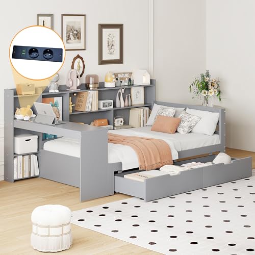 BENMWS Schlafsofa aus Massivholz,90 * 200cm,Mit Schreibtisch Bücherregalen Ablagefächern und Regalen,Mit Steckdose, Unterbett mit ausziehbarem Bett,Multifunktionales Holzbett, Grau (Grau, 90x200cm) von BENMWS