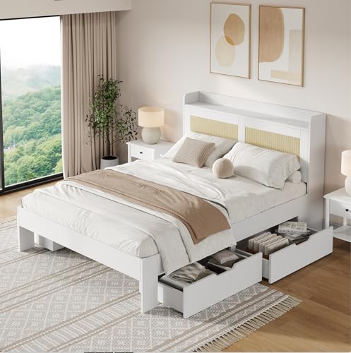 BENMWS Stauraumbett,140x200cm,Doppelbett,Funktionsbett,Massivholzbett mit Rattan-Dekor,Schubladen, mit Stauraum,ohne Matratze, für Erwachsene und Jugendliche geeignet,weiß von BENMWS