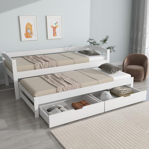 BENMWS Tagesbett,(200x90cm/190x90cm),Einzel- und Doppelbett, Schiebebett mit Rollen unten, mit 2 MDF-Schubladen, Massivholzrahmen,weiß von BENMWS