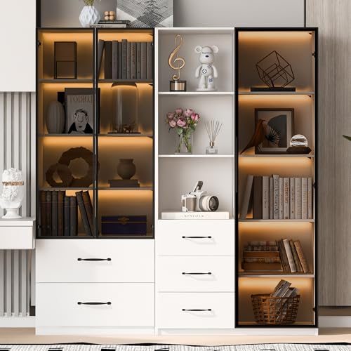 BENMWS Vitrine 140×40×160cm–staubdichter Glasvitrine,Bücherregal und Multifunktionsschrank mit Glas-und offenen Fächern,sanft schließenden Scharnieren von BENMWS