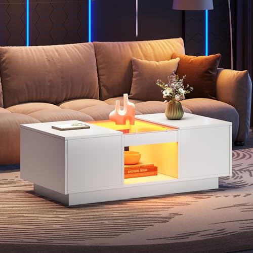 BENMWS Weißer Couchtisch–mit Glasverkleidung, LED-Beleuchtung, App-Steuerung, 2 Schubladen und 1 offenes Fach100x50x35.5cm BENMWS Weißer Couchtisch–mit Glasverkleidung, LED-Beleuchtung, App-Steuerung, 2 Schubladen und 1 offenes Fach100x50x35.5cm von BENMWS