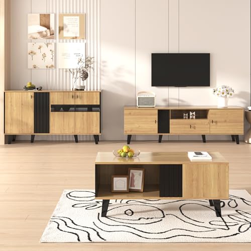 BENMWS Wohnzimmermöbel Set 3-teilig(Couchtisch, TV-Schrank, Sideboard),Modernes Design in Holz und Schwarz – Viel Stauraum von BENMWS