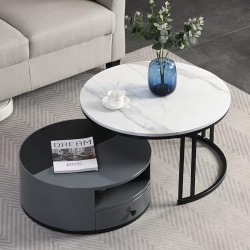 BENMWS Zweiteiliger Nesting-Couchtisch-Schwarzer und Grauer PVC-Marmor-Look und Aufbewahrung, Hochglanzfässer, 70 * 70 * 40 + 60 * 60 * 25.5cm(Elegantes Design von BENMWS