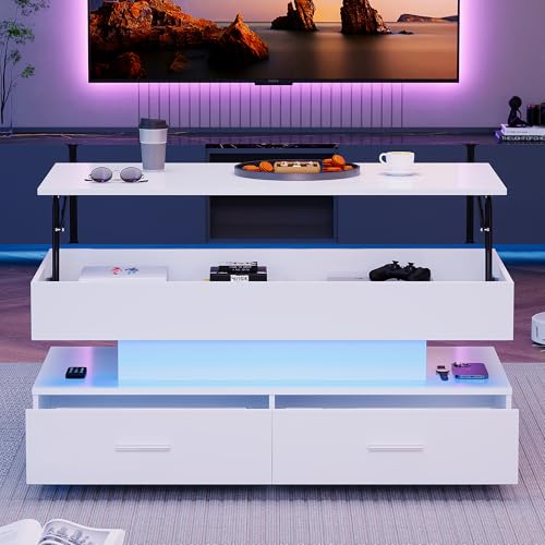 BENMWS hydraulisch höhenverstellbarer Couchtisch,mit LED-Beleuchtung,Bluetooth APP Steuerung,2 Schubladen und offenem Stauraum,Weißer hebbarer Couchtisch,50 * 100cm von BENMWS