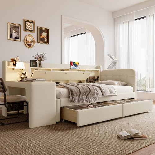 Daybett 90 * 200cm Schlafsofa mit 2 Schubladen Schreibtisch Typ C Flip Top Aufbewahrungsfach Ablagefach Bett mit Lattenrost (ohne Matratze) Leinen beige von BENMWS