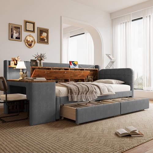 Daybett 90 * 200cm Tagesbett Schlafsofa mit 2 Schubladen Schreibtisch Typ C Flip Top Aufbewahrungsfach Ablagefach Bett mit Lattenrost (ohne Matratze) Leinen grau von BENMWS
