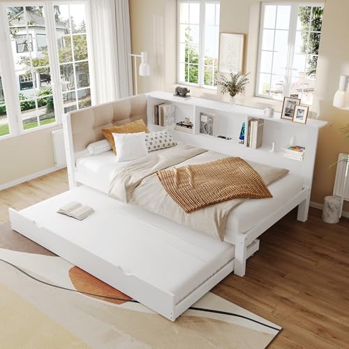 Daybett Schlafsofa 90x200cm mit ausziehbarem Bett mit dimmbarer praktischem Regal Kiefernholz Weiß Einzelbett Tagesbett (Ohne Matratze) von BENMWS