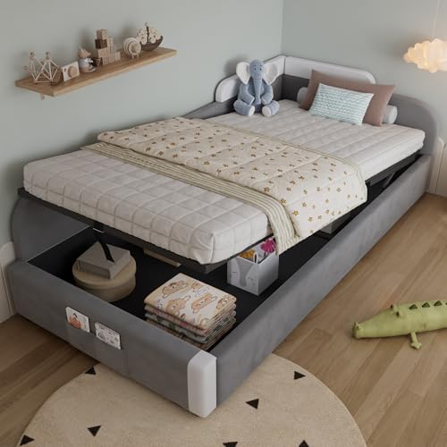 Einzelbett 90x200cm Polsterbett Kinderbett Hydraulisches Bett mit Stauraum Erhöhter weicher Zaun Aufbewahrungstasche am Fußende des Bettes Linke Seitenplatte Samt+Sperrholz Grau Einzelbett 90x200cm Polsterbett Kinderbett Hydraulisches Bett mit Stauraum Erhöhter weicher Zaun Aufbewahrungstasche am Fußende des Bettes Linke Seitenplatte Samt+Sperrholz Grau von BENMWS