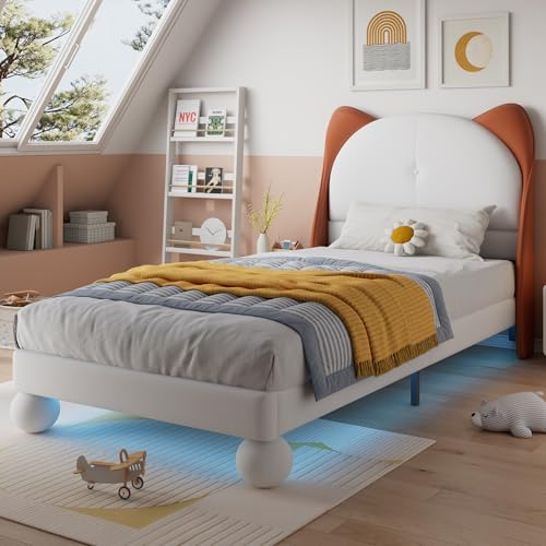 Einzelbett 90x200cm Polsterbett Kinderbett Katzenohren-Kopfteil Farblich anpassbare unter dem Bett Stabile Lattenroste PU Beige + Gelbbraun Einzelbett 90x200cm Polsterbett Kinderbett Katzenohren-Kopfteil Farblich anpassbare unter dem Bett Stabile Lattenroste PU Beige + Gelbbraun von BENMWS