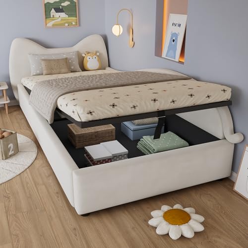 Einzelbett 90x200cm Polsterbett Kinderbett Niedliches Katzen-Design Hydraulisches Bett mit Stauraum und Gurtgriffen Stabile Lattenroste Rechte Seitenplatte Samt Beige Einzelbett 90x200cm Polsterbett Kinderbett Niedliches Katzen-Design Hydraulisches Bett mit Stauraum und Gurtgriffen Stabile Lattenroste Rechte Seitenplatte Samt Beige von BENMWS