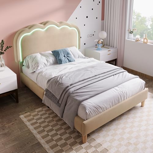Polsterbett LED Einzelbett,Bettgestell mit Lattenrost und Verstellbares Kopfteil,90x190cm,Gepolstertes bett in Beige,Bettrahmen Jugendbett für Schlafzimmer Gästezimmer-Leinenmaterial(ohne Matratze) von BENMWS