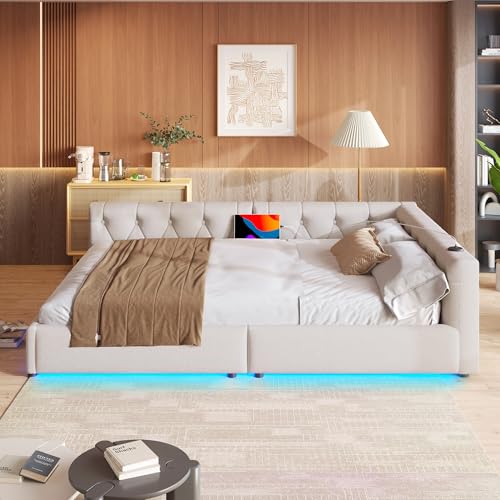 Schlafsofa 140x200cm Daybett Tagesbett mit Lattenrost (ohne Matratze) Ambientebeleuchtung mit Fernbedienung Kopfteil mit Knopftuft USB+Typ-c Leinen Beige von BENMWS