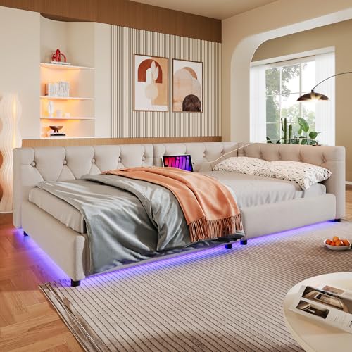 Schlafsofa Daybett 90x200cm Tagesbett mit Lattenrost ohne Matratze Ambientebeleuchtung mit Fernbedienung Kopfteil mit Knopftuft USB+Typ-c Leinen Beige Schlafsofa Daybett 90x200cm Tagesbett mit Lattenrost ohne Matratze Ambientebeleuchtung mit Fernbedienung Kopfteil mit Knopftuft USB+Typ-c Leinen Beige von BENMWS