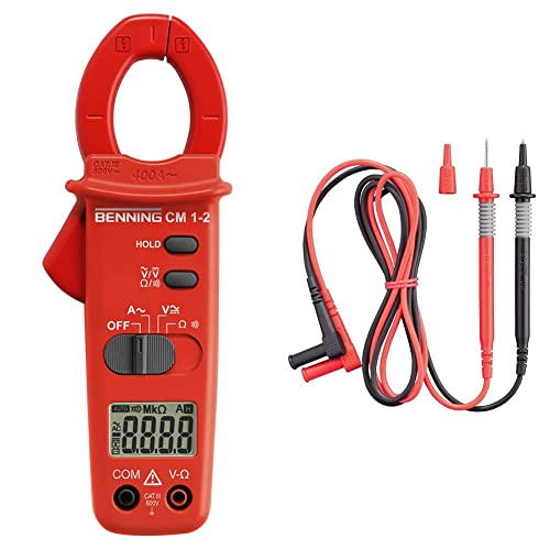 Benning CM 1-2 Digital- Stromzangen-Multimeter (Anzeige digital, Strommessbereich/AC 0.1 A - 400 A, 3 ½-stellige LCD-Anzeige) 44062 & Sicherheitsmessleitungen mit 2 mm Messspitze,044146, Rot/Schwarz von BENNING