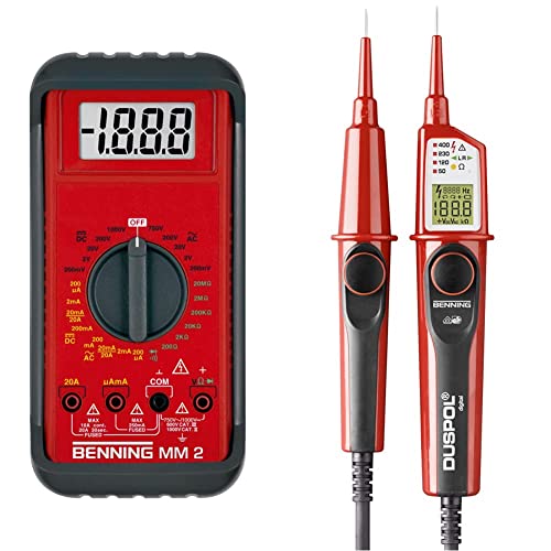 Benning MM 2 Digital-Multimeter (mit digitaler Anzeige, Max. Spannungsmessbereich DC 1000 V, inkl. Gummischutzrahmen, Tasche usw.) 44028 & DUSPOL digital Digitaler True RMS Spannungsprüfer, 50263 von BENNING