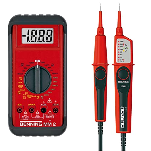 Benning MM 2 Digital-Multimeter (mit digitaler Anzeige, Max. Spannungsmessbereich DC 1000 V, inkl. Gummischutzrahmen, Tasche usw.) 44028 & Spannungsprüfer DUSPOL expert, 50262 von BENNING