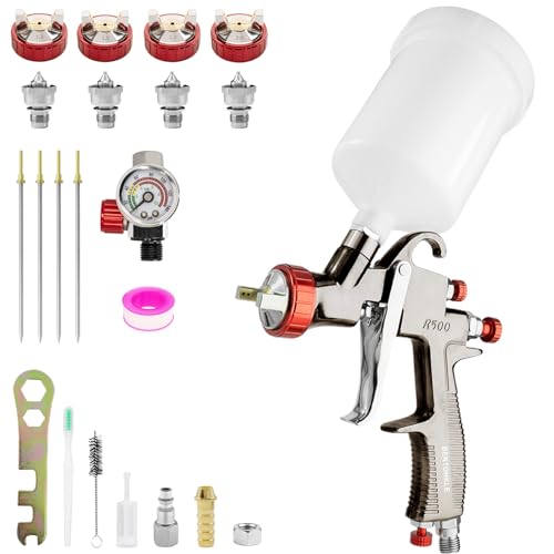 R500 LVLP Luftspritzpistole Spritzpistole Lackierpistole mit 4 Düse 1,3/1,5/1,7/2.0 mm und Luftregler Farbsprühsystem für Autos und Haus DIY von BENTOHKLE