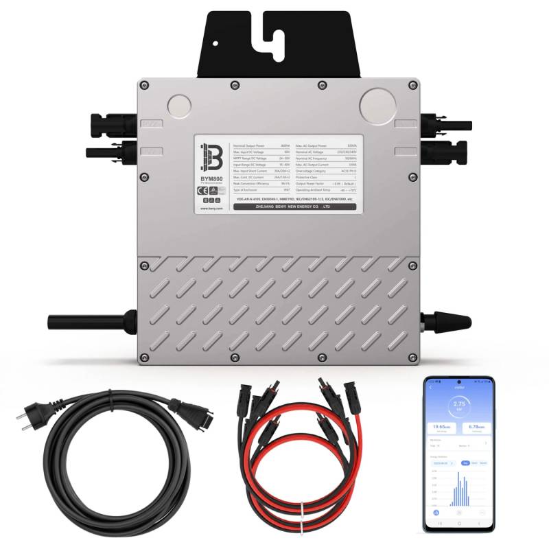 BENY Mikro-Wechselrichter 800 W BYM800 für Balkonkraftwerk 2 MPPT mit WIFI inkl. 5 m Anschlusskabel & 4x 1 m Solar-Verlängerungen Micro Inverter BENY Mikro-Wechselrichter 800 W BYM800 für Balkonkraftwerk 2 MPPT mit WIFI inkl. 5 m Anschlusskabel & 4x 1 m Solar-Verlängerungen Micro Inverter von BENY
