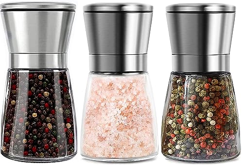 3 Stück Salz und Pfeffermühlen Set, 180ML Manuelle Gewürzmühlen mit Verstellbarem Mahlwerk Salzmühle Gewürzmühlen mit Edelstahlkopf und Glaskörper für Gewürze, Salz, Pfeffer (Ohne Gewürzinhalt) von BEOIUCZZY