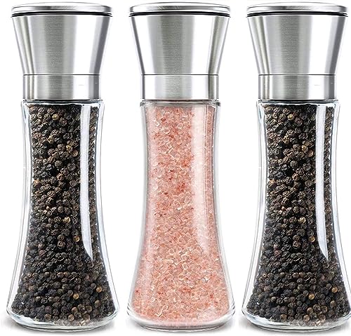 3 Stück Salz und Pfeffermühlen Set, 200ML Manuelle Gewürzmühlen mit Verstellbarem Mahlwerk Salzmühle Gewürzmühlen mit Edelstahlkopf und Glaskörper für Gewürze, Salz, Pfeffer (Ohne Gewürzinhalt) von BEOIUCZZY