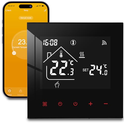 Beok Heizungsthermostat Smart Home Thermostat WiFi Digital Raumthermostat Wasser Fussbodenheizung Thermostat Kompatibel Alexa, Google Home, 3A TDR89B-WIFI-WP Schwarz von BEOK CONTROLS