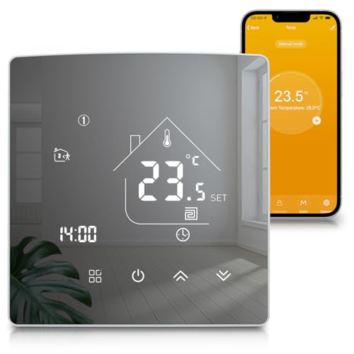 Beok Tuya Thermostat Fussbodenheizung Smart, Spiegel Wifi Raumthermostat Heizungsthermostat mit Digitales LCD Wandthermostat für Wasser Fußbodenheizung Kompatibel Alexa,Google Home 3A TGR85WIFI-WP von BEOK CONTROLS