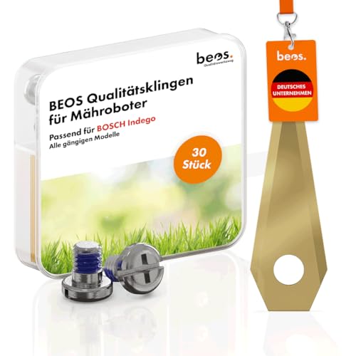 BEOS® 30 x Premium Titan Ersatzmesser für Bosch Indego + Schrauben mit Sicherung- Ersatzklingen für Bosch Indego Mähroboter – 1 mm Messerstärke für langes Rasenmäher Roboter Vergnügen – Zubehör- von BEOS