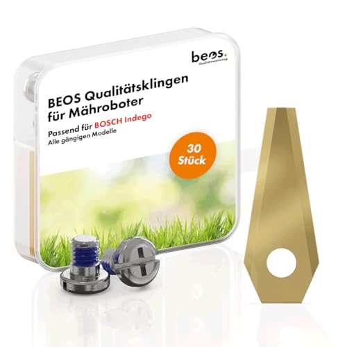 BEOS® 30 x Premium Titan Ersatzmesser für Bosch Indego + Schrauben mit Sicherung- Ersatzklingen für Bosch Indego Mähroboter – 1 mm Messerstärke für langes Rasenmäher Roboter Vergnügen – Zubehör- von BEOS