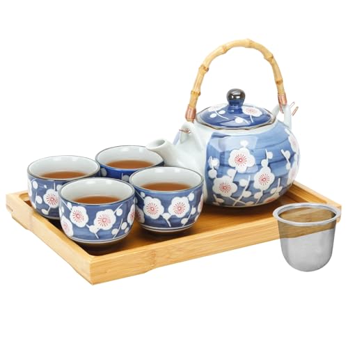 Japanisches Teeservice Porzellan Tee-Set mit Teekanne und Teetasse Set für 4, Blau-Weiß-Teesets für Erwachsene mit Edelstahl-Teesieb und Bambus-Tablett, Asiatisches Teeset für von BEOZINZ