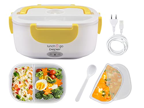 BEPER Lunch & Go 90.920G Elektro-Lebensmittelwärmer mit 2 herausnehmbaren Behältern + Besteck, 220V, Gelb, Kunststoff von BEPER