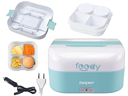 BEPER FOODY Elektrische Lunchbox für Auto, Truck, Office, Schule mit Doppelsteckdose (Auto/Wand) - Lunchbox Thermo mit 4 Trennbaren Innenfächern + Besteck inklusive, Blau von BEPER