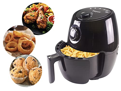 BEPER P101FRI001 Heißluftfritteuse, ölfrei, Timer und Temperatur einstellbar, abnehmbarer Behälter und Gitter, 2 Liter Fassungsvermögen, 1000 Watt, Schwarz von BEPER