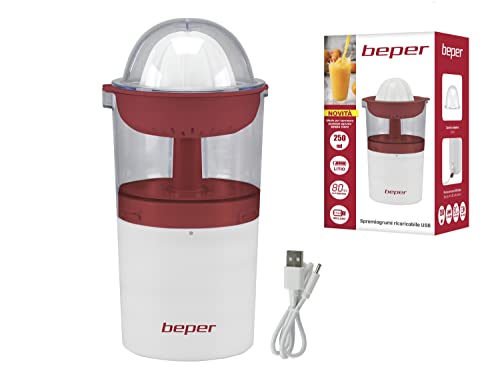 BEPER P102EST100 Zitronenpresse, Elektrischer Entsafter, wiederaufladbare Saftpresse, 250 ML, 20W, USB Kabel, Rot/Weiß von BEPER