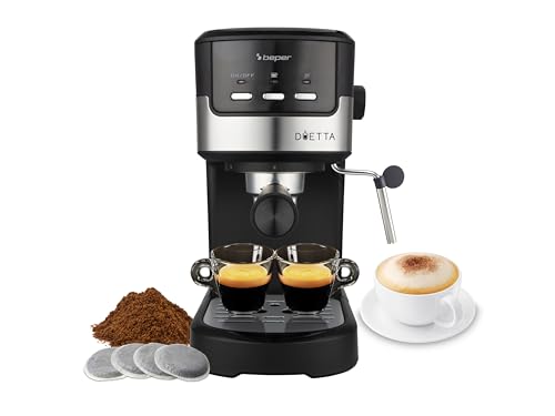 beper P101CAF100 Duetta Espresso-Kaffeemaschine, 1100W, Kompatibel mit Pads und Kaffeepulver, Kaffeemaschine mit doppeltem Auslaufarm, 15 bar, Tassenwärmer, Messbecher und Presser inklusive, Schwarz von BEPER