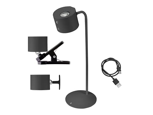beper P201UTP304 Luminì Lampe mit 3 Funktionen, Tischlampe, Lampe mit Clip und Wandbefestigung inklusive, Wiederaufladbare Lampe USB-Kabel inklusive, Touch-Schalter an, Einstellbares Licht, Schwarz von BEPER