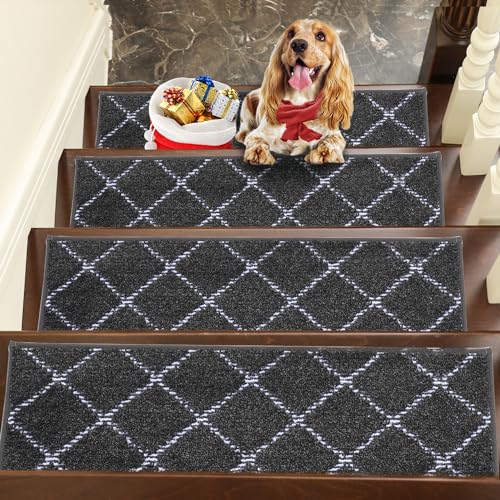 BEQHAUSE Stufenmatten Innen, Stufenmatten Selbstklebend 4 Stück, 22x70cm Treppenstufen Antirutsch, Wiederverwendbar Teppich für Treppenstufen, 100% Polyester TPE -Rücken, Dunkelgrau von BEQHAUSE