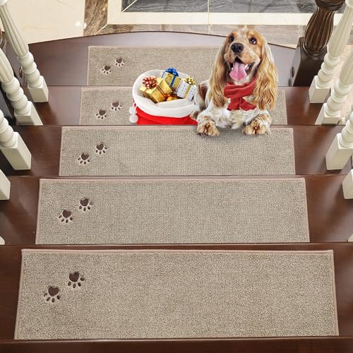 BEQHAUSE Stufenmatten Treppen Teppich Stufenmatten Innen rutschfest 15 Stück, Maschinenwaschbare Treppenteppich für Kinder, Älteste und Haustiere, 100% Polyester TPE -Rücken, 22X70cm, Beige von BEQHAUSE