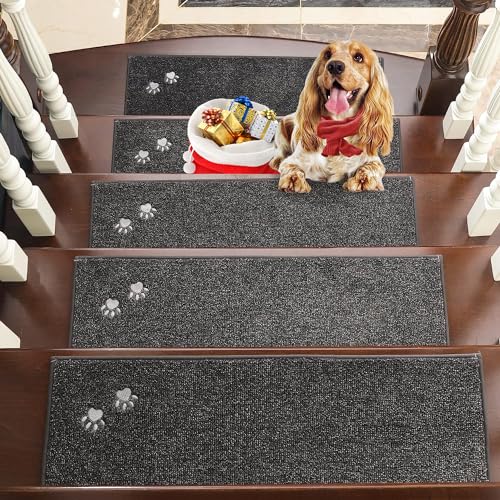 BEQHAUSE Stufenmatten Innen rutschfest 15 Stück, Maschinenwaschbare Treppenteppich Selbstklebend Stufenteppich für Kinder, Älteste und Haustiere, 100% Polyester TPE -Rücken, 22X70cm, Dunkelgrau von BEQHAUSE