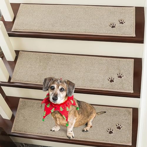 BEQHAUSE Stufenmatten Innen rutschfest 4 Stück, Maschinenwaschbare Treppenteppich Selbstklebend Stufenteppich für Kinder, Älteste und Haustiere, 100% Polyester TPE -Rücken, 22X70cm, Beige von BEQHAUSE