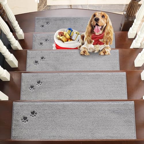 BEQHAUSE Stufenmatten rutschfest 15 Stück,Treppenmatten Einfassung Selbstklebend Sicherheit Stufenteppich für Kinder, Älteste und Haustiere mit 100% Polyester TPE-Rücken (22X70cm, Grau) von BEQHAUSE