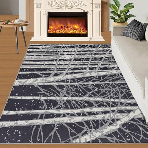 BEQUTIY Wohnzimmerteppich mit Baummotiv Waldbaum-Bauernhausteppich abstrakte Malerei Wald Kinderzimmerteppiche minimalistisch dunkelblau Waschbare Teppiche-100x140cm von BEQUTIY