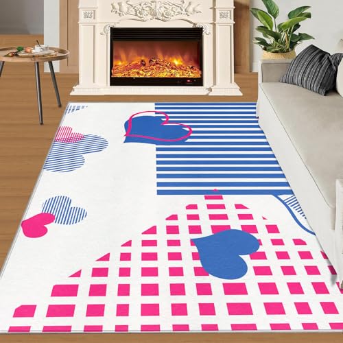 Blau Teppich Moderne Geometrische Streifen Kinderteppiche Cartoon-Blau Rosa Herz 70x120 Rug Weiß Vorleger Maschinenwaschbarer Rutschfester Teppich Für Stark Frequentierte Bereiche von BEQUTIY
