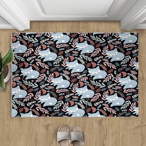 Blauer Fuchs Teppich Geometrische Farbige Blätter Kleine Teppiche Moderne Abstrakte Niedliche Tiere 50x80 Rug Fuchs Vorleger Maschinenwaschbarer Rutschfester Teppich Für Stark Frequentierte Bereiche von BEQUTIY