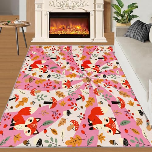 Fuchs Teppich Geometrische Rosa Streifen Kinderteppiche Waldblätter Pilze 70x120 Rug Fuchs Vorleger Maschinenwaschbarer Rutschfester Teppich Für Stark Frequentierte Bereiche von BEQUTIY