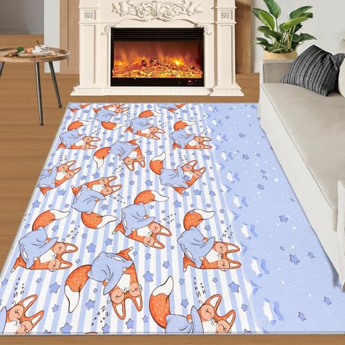 Fuchs Teppich Niedliche Cartoon-Tiere Schlafzimmerteppiche Blaue Sternstreifen 150x240 Rug Fuchs Vorleger Maschinenwaschbarer Rutschfester Teppich Für Stark Frequentierte Bereiche von BEQUTIY