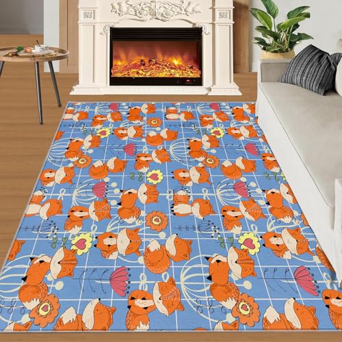 Fuchs Teppich Niedliche Cartoon-Tiere Schlafzimmerteppiche Geometrisches Blaues Karomuster 80x150 Rug Fuchs Vorleger Maschinenwaschbarer Rutschfester Teppich Für Stark Frequentierte Bereiche von BEQUTIY