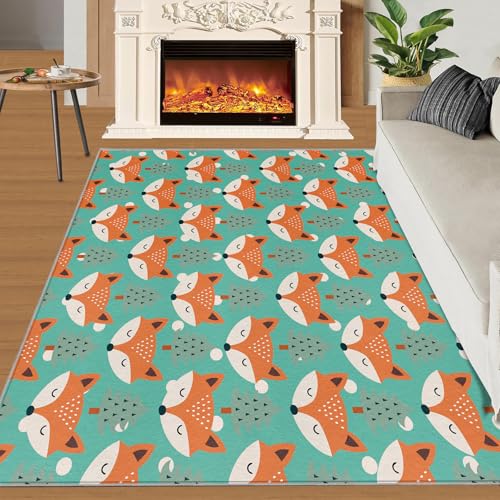 Fuchs Teppich Niedliche Tiere Kleine Teppiche Cartoon-Wald 60x90 Rug Fuchs Vorleger Maschinenwaschbarer Rutschfester Teppich Für Stark Frequentierte Bereiche von BEQUTIY