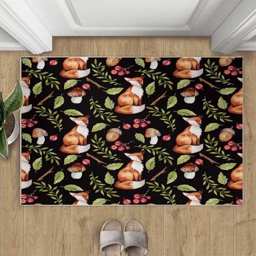Fuchs Teppich Waldblätter Schwarz Kleine Teppiche Modernes Schwarz 50x80 Rug Fuchs Vorleger Maschinenwaschbarer Rutschfester Teppich Für Stark Frequentierte Bereiche von BEQUTIY